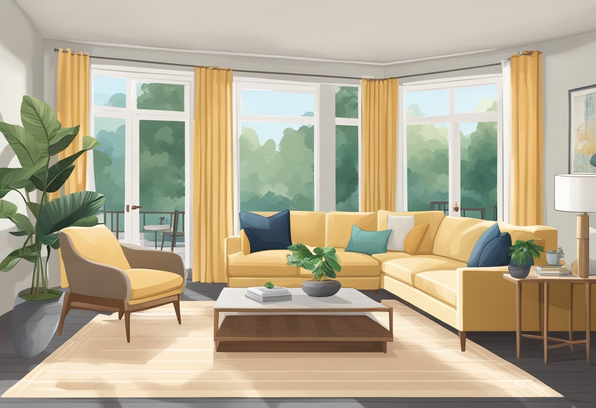 A living room with balanced furniture placement, natural light, and a harmonious color scheme following Feng Shui principles