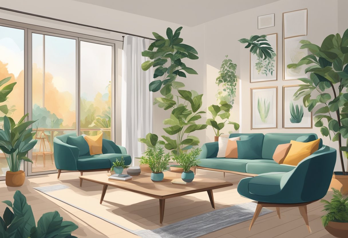 A harmonious living room with balanced furniture, natural light, and plants, following feng shui principles